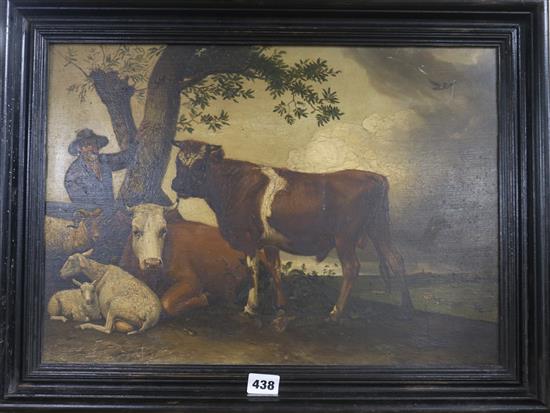 19th century Dutch School, oil on panel, farmer, cattle and sheep in a landscape, 33 x 47cm
